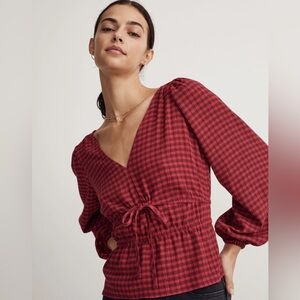 Madewell Crinkled V-Neck Peplum Top in Plaid - Size M